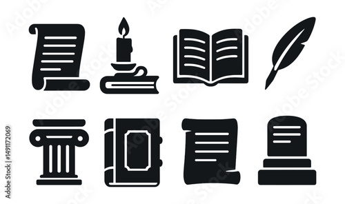 Solid style icons of classic literature: ancient scroll, candle by book, old manuscript, feather quill, Greek column, leather-bound cover, parchment icon, literary legacy.