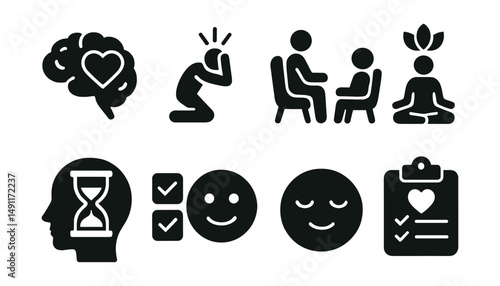 Solid style icons of mental health and well-being: brain with heart, stress relief icon, therapy session, mindfulness icon, mental rest hourglass, emotional check-in, calm face, wellness plan.