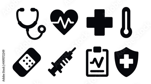 Solid style icons of general health care: stethoscope, heart pulse icon, medical cross, thermometer, bandage, syringe, health chart, wellness shield.
