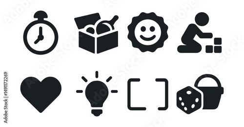 Solid style icons of daily free play: playtime clock, open toy box, smiley free play badge, self-led activity, favorite toy icon, discovery lightbulb, open floor space, choose your game.
