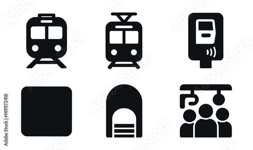 Solid style icons of public transport: subway train, city tram, bus stop sign, ticket validator, transport map, metro entrance, transit card, crowd in carriage.