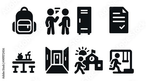Solid style icons of student life: backpack icon, friends chatting, locker door, homework sheet, lunchtime table, school hallway, morning arrival, recess icon.