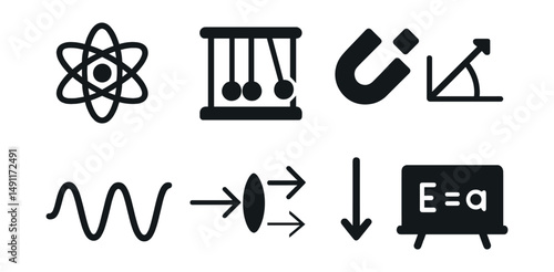 Solid style icons of physics: atom icon, Newton’s cradle, magnet icon, force diagram, energy wave, lens and light, gravity arrow, formula board.