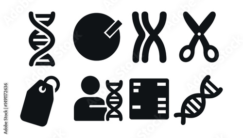 Solid style icons of genetics: DNA helix, gene editing icon, chromosome pair, CRISPR scissors, double helix tag, inherited trait, genome map, RNA symbol.