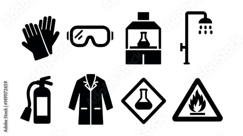 Solid style icons of lab safety and equipment: gloves icon, safety goggles, fume hood, emergency shower, fire extinguisher, lab coat, chemical label, hazard sign.