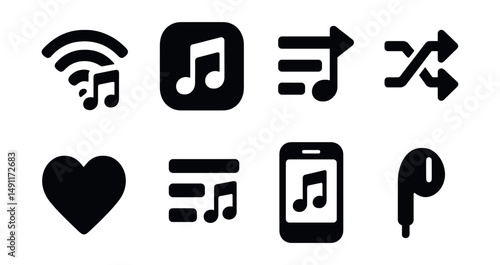 Solid style icons of digital music: streaming icon, music app logo, playlist symbol, shuffle arrows, favorite track heart, song queue, mobile listening, earbud icon.