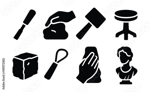 Solid style icons of sculpture tools: chisel icon, clay modeling hand, sculptor mallet, spinning wheel, stone block, sculpting wire, hand in clay, art bust.