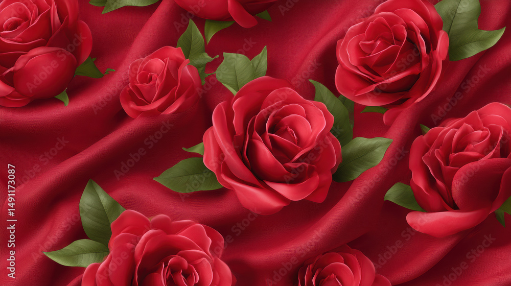 Fototapeta premium A beautiful and romantic arrangement featu vibrant red roses scattered across a luxurious, draped, deep red satin fabric creating a captivating and elegant scene.