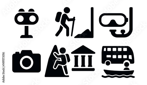 Solid style icons of tourist activities: sightseeing binoculars, hiking trail, city tour bus, snorkeling gear, photo camera, mountain climb, museum visit, boat ride.