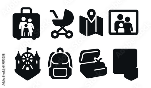 Solid style icons of travel with kids: family suitcase, stroller icon, kid-friendly map, family photo icon, theme park badge, child backpack, snack box, travel games.