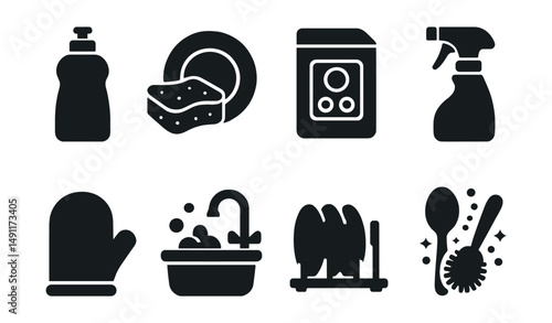 Solid style icons of kitchen cleaning: dish soap bottle, sponge and plate, stovetop cleaner, countertop spray, oven mitt icon, sink with bubbles, dish drying rack, utensil cleaner.