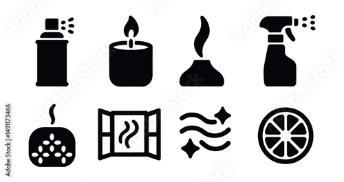 Solid style icons of safety in cleaning: gloves icon, mask for fumes, caution wet floor sign, locked cabinet, child-safe icon, ventilation fan, warning label, safety goggles.
