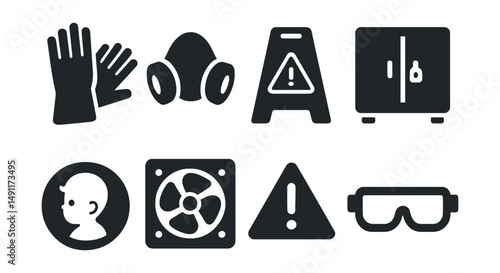Solid style icons of safety in cleaning: gloves icon, mask for fumes, caution wet floor sign, locked cabinet, child-safe icon, ventilation fan, warning label, safety goggles.