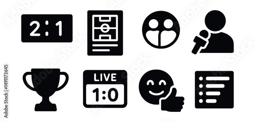 Solid style icons of sports news: scoreboard icon, match recap, team update badge, athlete interview, tournament trophy, live score icon, fan reaction, league standings.