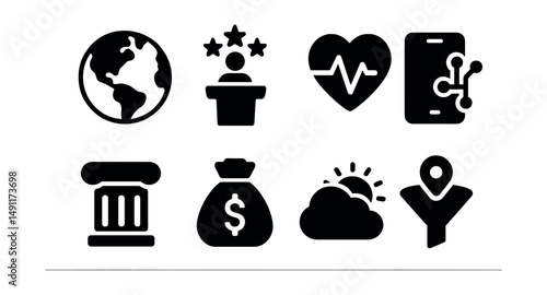 Solid style icons of news categories: world, politics, health, tech, culture, economy, weather, local news filter.