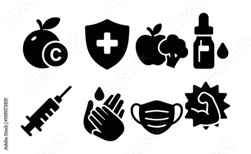 Solid style icons of immune system support: vitamin C icon, shield with plus, immune boost food, herbal remedy, vaccine syringe, handwashing icon, mask icon, stay strong badge.