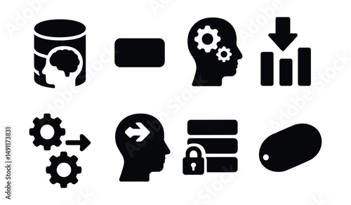 Solid style icons of transfer learning: base model icon, pretrained block, fine-tuning icon, feature reuse, transfer arrow, task adaptation, frozen layer, reuse tag.