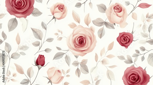 Wallpaper Mural Elegant Floral Pattern with Soft Pink and Red Roses on Cream Background Torontodigital.ca