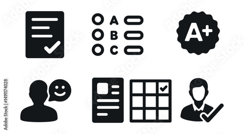 Solid style icons of academic evaluation: test paper, grading scale, multiple choice sheet, A+ badge, student feedback, report card icon, rubric chart, teacher checkmark.