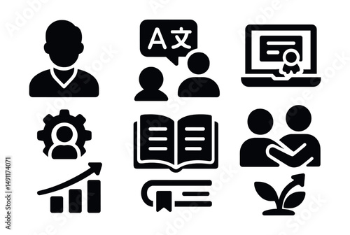 Solid style icons of lifelong learning: adult student icon, language course, online certification, workshop badge, self-study book, mentoring icon, skill upgrade chart, continuous growth.