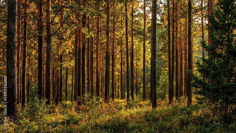 Peaceful autumn forest scene with cedar and fir trees radiating warmth in soft golden light perfect for calming nature inspired designs Peaceful autumn forest scene with cedar and fir trees radiating warmth in soft golden light perfect for calming nature inspired designs