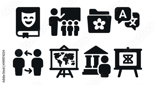 Solid style icons of cultural education: cultural studies book, diversity lesson icon, heritage project folder, language club, student exchange icon, global school map, museum visit, tradition board.