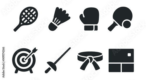 Solid style icons of individual sports: tennis racket, badminton shuttle, boxing gloves, table tennis paddle, archery target, fencing sword, martial arts belt, squash wall icon.