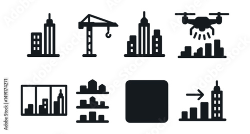 Solid style icons of evolving skylines: skyscraper outline, construction crane, new skyline view, drone aerial scan, skyline time-lapse, urban layers, building density icon, skyline comparison.
