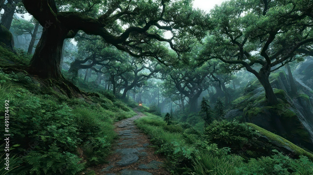 Obraz premium Enchanted Forest Pathway A Mysterious Journey Through Lush Greenery and Ancient Trees