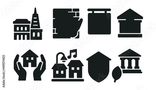 Solid style icons of cultural evolution in city: historic building next to tower, mural icon, neighborhood identity, mixed language sign, cultural center, music street, community heritage, legacy