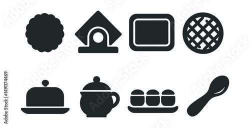 Solid style icons of kitchen accessories: coaster, napkin ring, placemat, trivet, butter dish, sugar bowl, condiment tray, spoon rest.