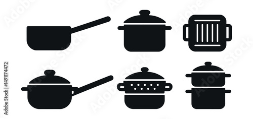 Solid style icons of cookware: saucepan, frying pan, stock pot, grill pan, casserole dish, wok, steamer pot, double boiler.