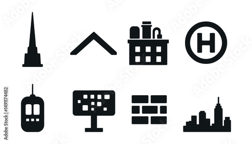 Solid style icons of architectural skyline elements: spire icon, rooftop logo, mechanical floor, helipad, digital billboard, aerial elevator, facade material icon, skyline shadow.