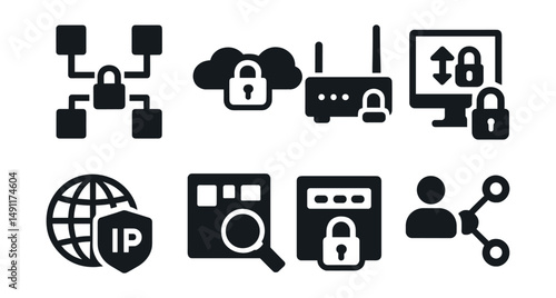 Solid style icons of network security systems: network segmentation, VPN tunnel, secure router, encrypted traffic icon, IP filter, packet inspection, port lock, network access control.