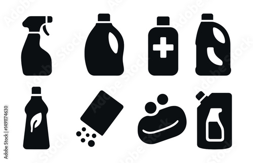 Solid style icons of cleaning products: spray bottle, detergent bottle, disinfectant icon, bleach container, eco cleaner, powder cleaner, soap bar, refill pouch.