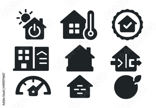 Solid style icons of high-performance buildings: zero energy icon, climate index icon, certified building badge, envelope system, air-tight layer, smart ventilation, green performance gauge, CO2