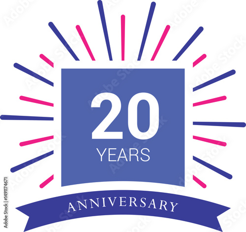 20 years anniversary celebrations logo design concept twenty years anniversary retro vector emblem isolated template. Vintage logo twenty 20th years with ribbon and fireworks on white background,