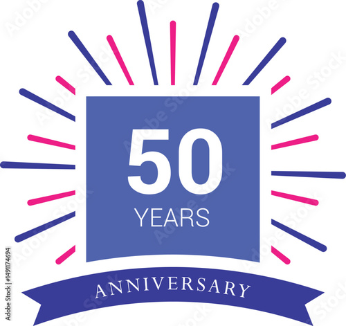 50 years anniversary celebrations logo design concept fifty years anniversary retro vector emblem isolated template. Vintage logo fifty 50th years with ribbon and fireworks on white background,