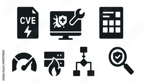 Solid style icons of vulnerability management: CVE icon, patch deployment, scan report, vulnerability heatmap, risk level gauge, exposed service icon, remediation flow, security audit.