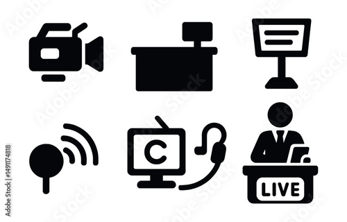Solid style icons of broadcast journalism: TV camera, news studio desk, teleprompter icon, anchor pose, signal waves, channel icon, earpiece icon, live button.