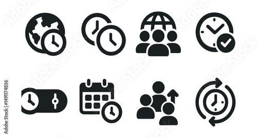 Solid style icons of time zone coordination: world clock, time overlap, global team icon, time match icon, time zone toggle, schedule assistant, team offset, hour sync.