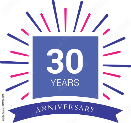 30 years anniversary celebrations logo design concept thirty years anniversary retro vector emblem isolated template. Vintage logo thirty  30th years with ribbon and fireworks on white background,