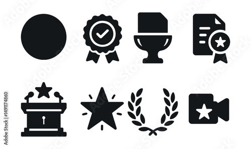 Solid style icons of awards and recognition in journalism: Pulitzer medal, excellence in reporting badge, press trophy, nomination icon, award ceremony stage, best article star, laurels icon, media
