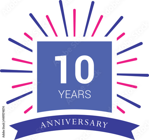 10 years anniversary celebrations logo design concept ten years anniversary retro vector emblem isolated template. Vintage logo ten  10th years with ribbon and fireworks on white background,