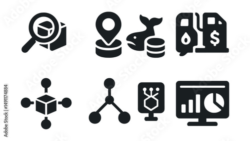 Solid style icons of blockchain analytics: block explorer, address tracker, gas fee tracker, whale alert, on-chain stats, transaction graph, mempool monitor, analytics dashboard.