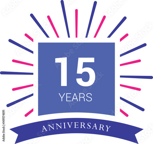 15 years anniversary celebrations logo design concept fifteen years anniversary retro vector emblem isolated template. Vintage logo fifteen 15th years with ribbon and fireworks on white background,