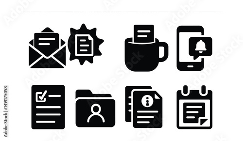 Solid style icons of newsletter and digest: email with news icon, weekly round-up badge, morning digest, push notification icon, quick brief list, subscriber file, info packet, daily digest logo.