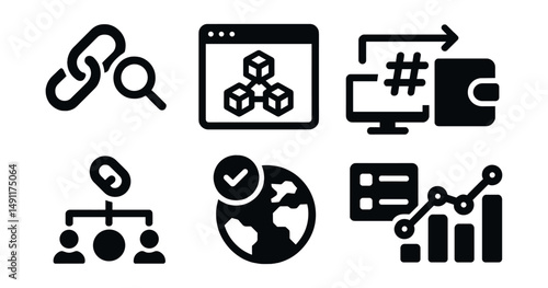Solid style icons of blockchain explorers: TX search, block explorer view, hash lookup, address activity, chain status, node map, transaction log, on-chain metrics.
