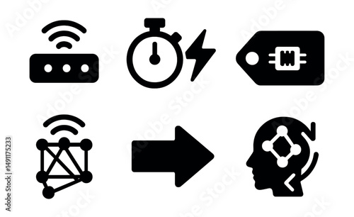 Solid style icons of real-time ML models: stream input, low latency icon, edge compute tag, fast prediction, streaming model, data flow arrow, live update icon, responsive model.