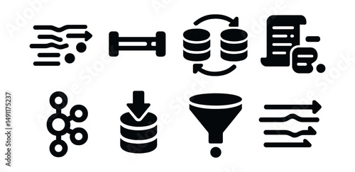 Solid style icons of data ingestion and streaming: real-time data stream, ETL pipeline, data sync icon, log collector, Kafka badge, batch loader, ingestion funnel, stream icon.